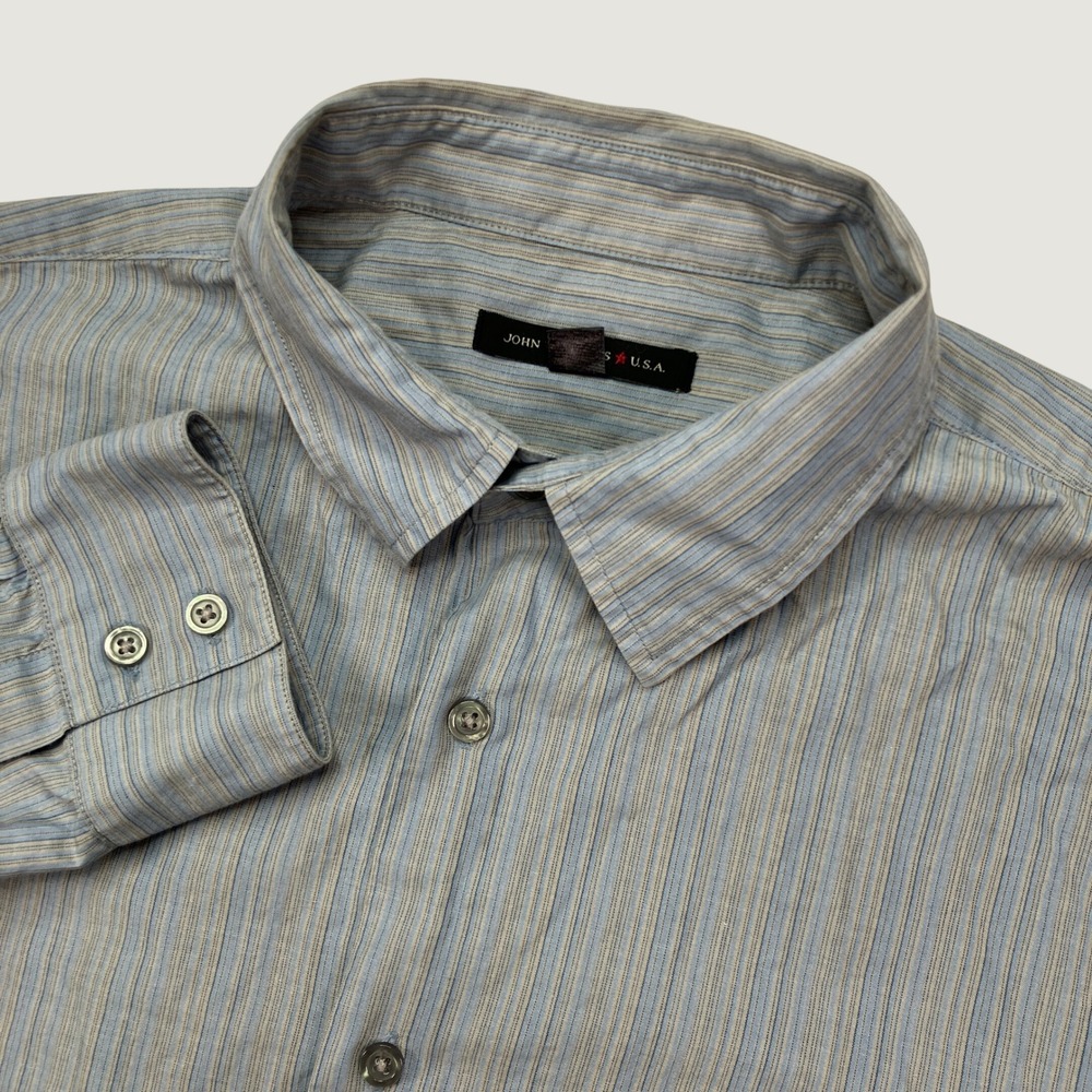 John Varvatos USA Mens L Button Down Shirt Blue Striped Long Sleeve